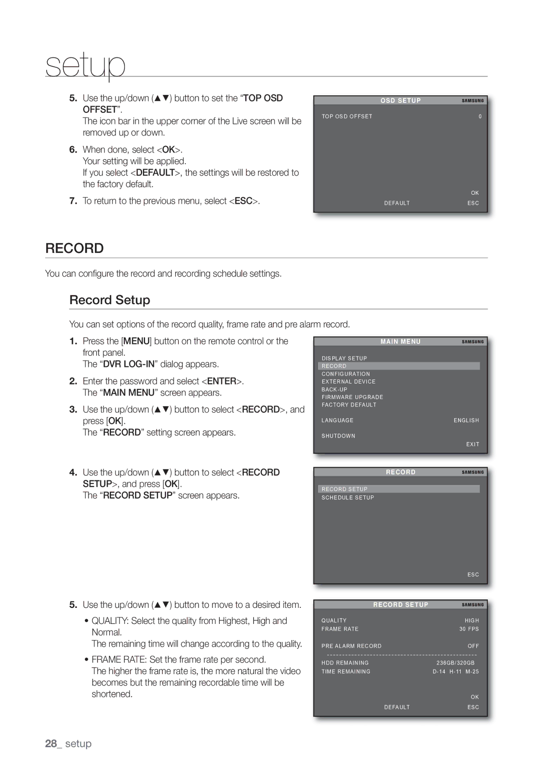 Samsung SHR-3040P manual Record Setup, Quality Select the quality from Highest, High and Normal, OSD Setup 