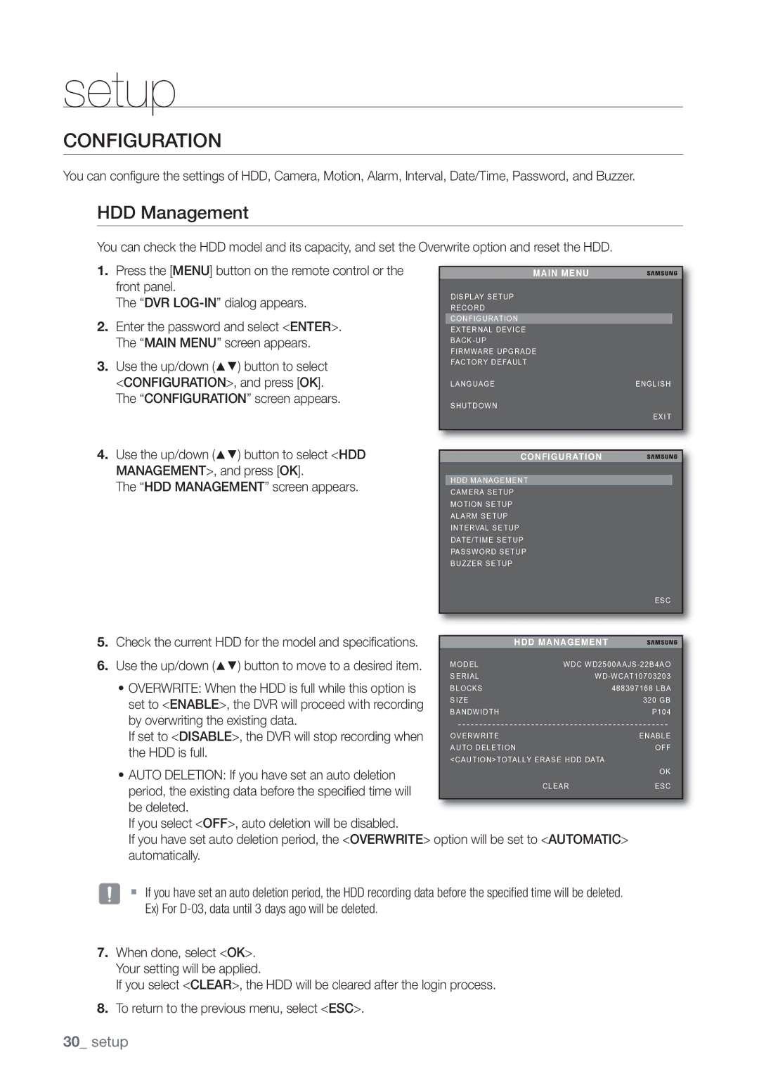 Samsung SHR-3040P manual Configuration, HDD Management 