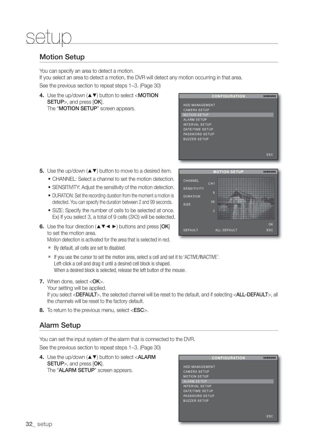 Samsung SHR-3040P manual Motion Setup, Alarm Setup, To set the motion area,  By default, all cells are set to disabled 