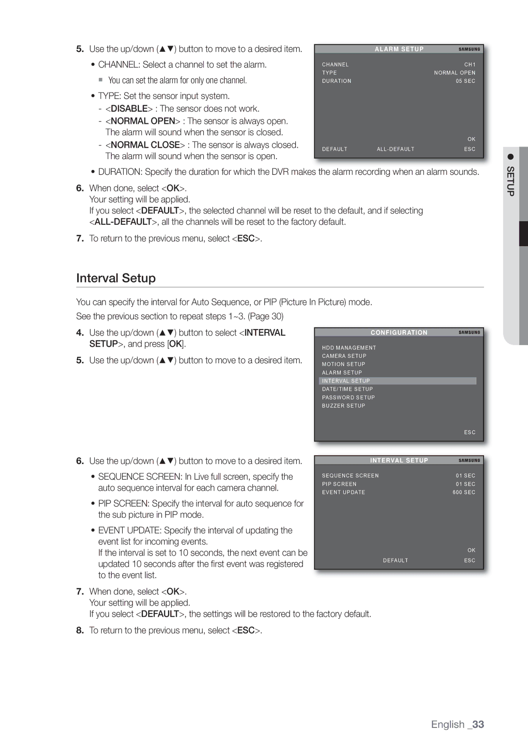 Samsung SHR-3040P manual Interval Setup, Auto sequence interval for each camera channel, To the event list, Alarm Setup 