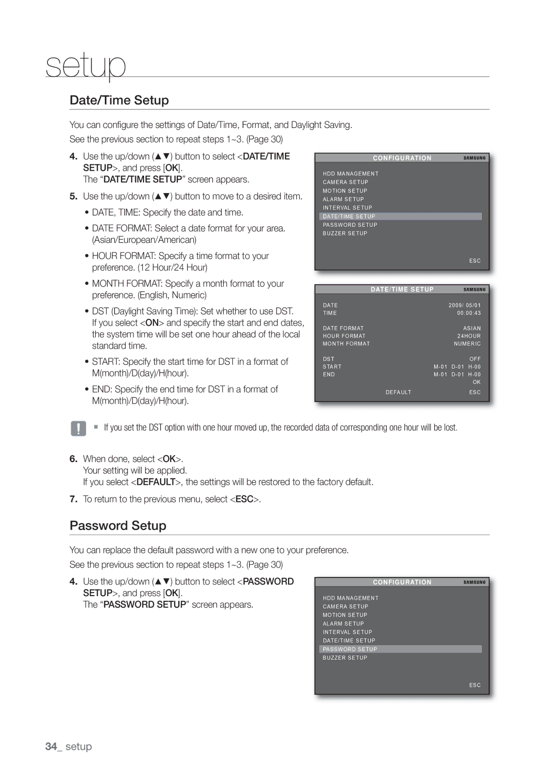 Samsung SHR-3040P manual Date/Time Setup, Password Setup, DATE/TIME Setup 