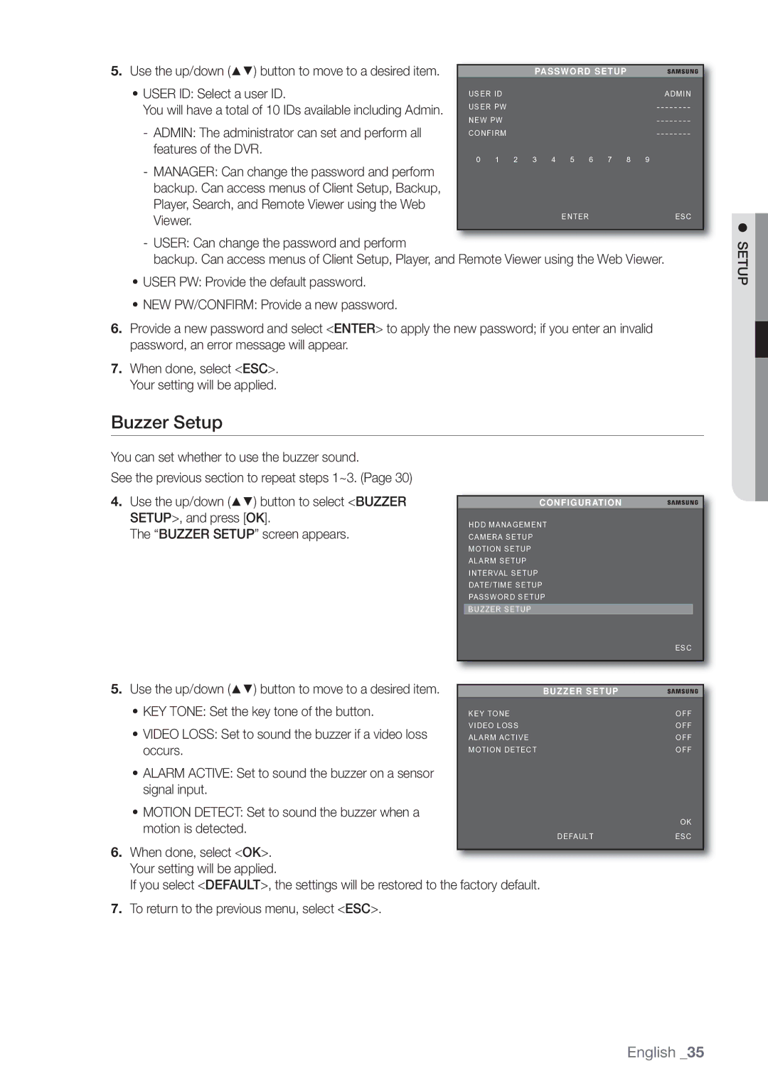 Samsung SHR-3040P manual Buzzer Setup, User ID Select a user ID, KEY Tone Set the key tone of the button, Occurs 