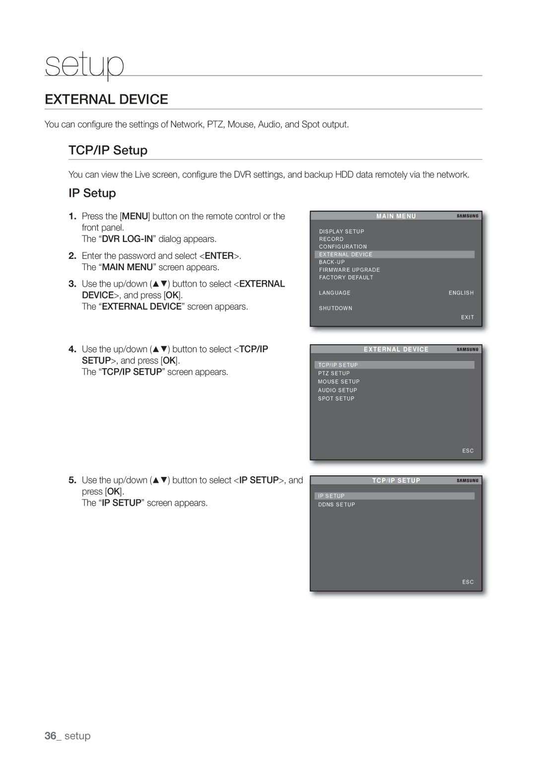 Samsung SHR-3040P manual External Device, TCP/IP Setup 