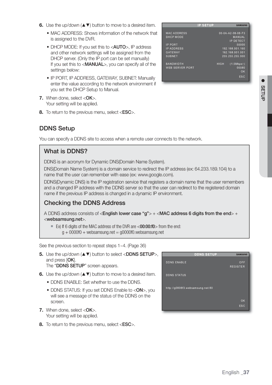 Samsung SHR-3040P manual Ddns Setup, What is DDNS?, Checking the Ddns Address, IP Setup 