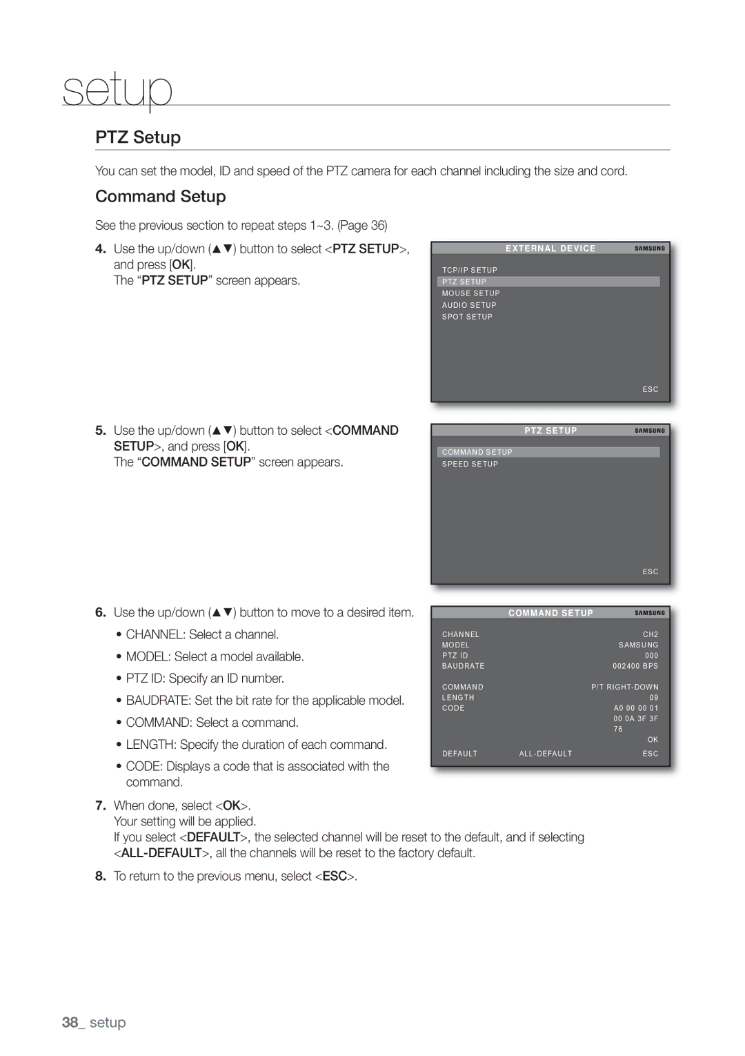 Samsung SHR-3040P manual PTZ Setup, Command Setup 