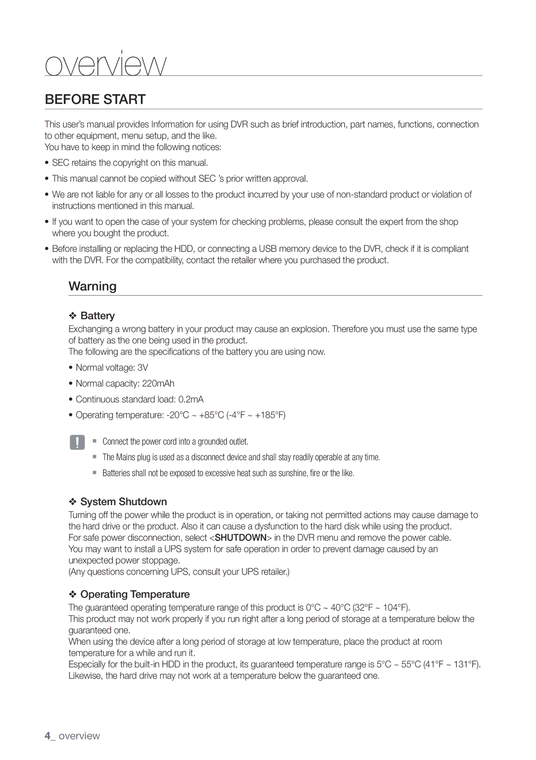 Samsung SHR-3040P manual Before Start, Battery 