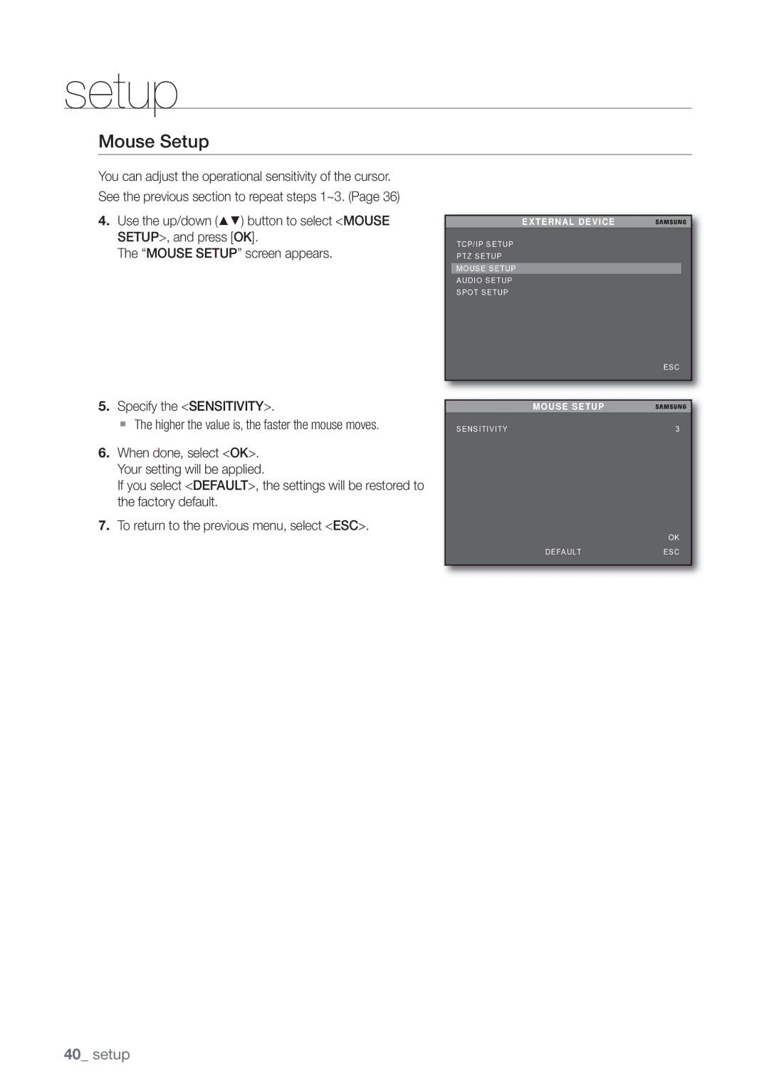 Samsung SHR-3040P manual Mouse Setup, Specify the Sensitivity 