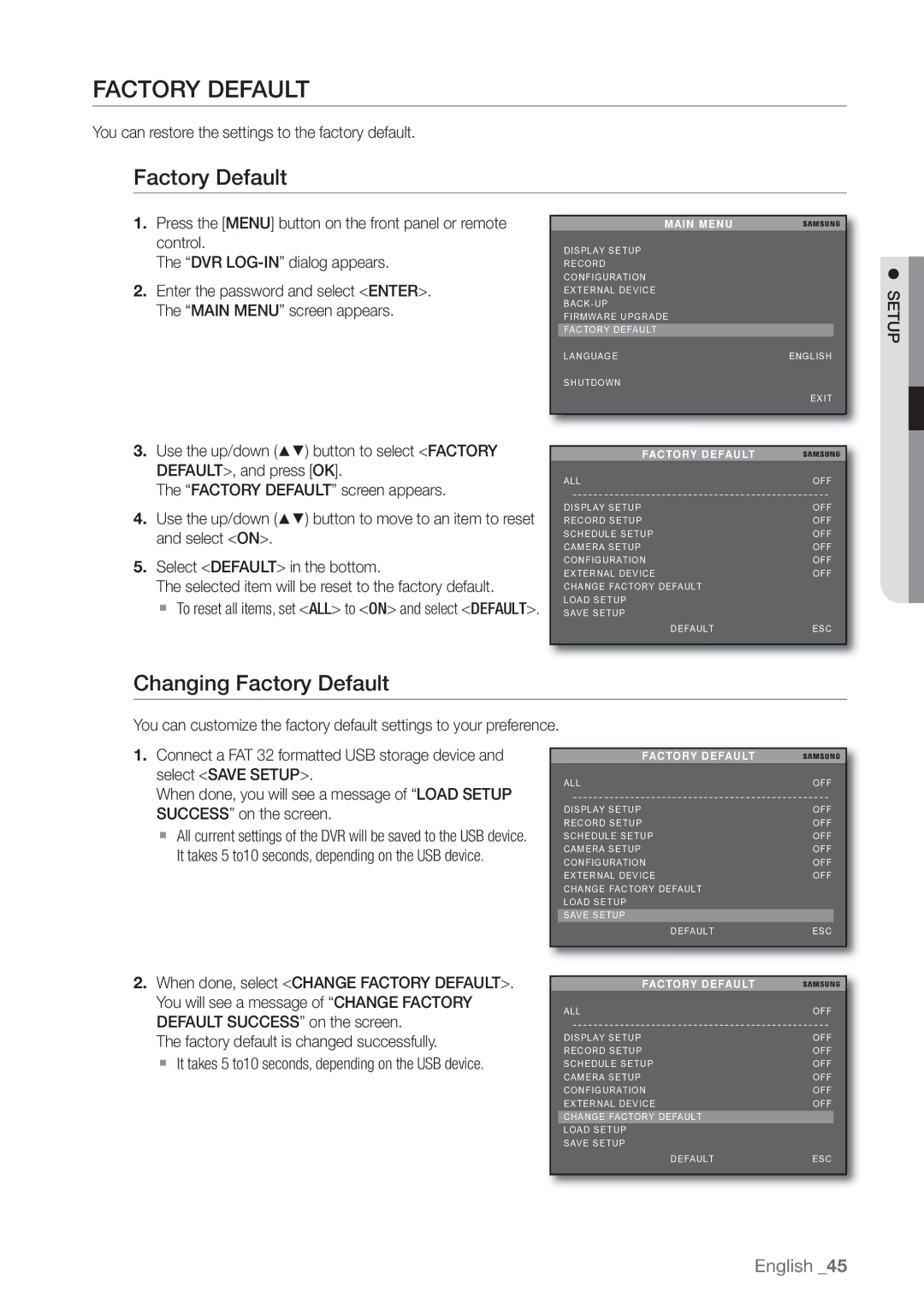 Samsung SHR-3040P manual Changing Factory Default 