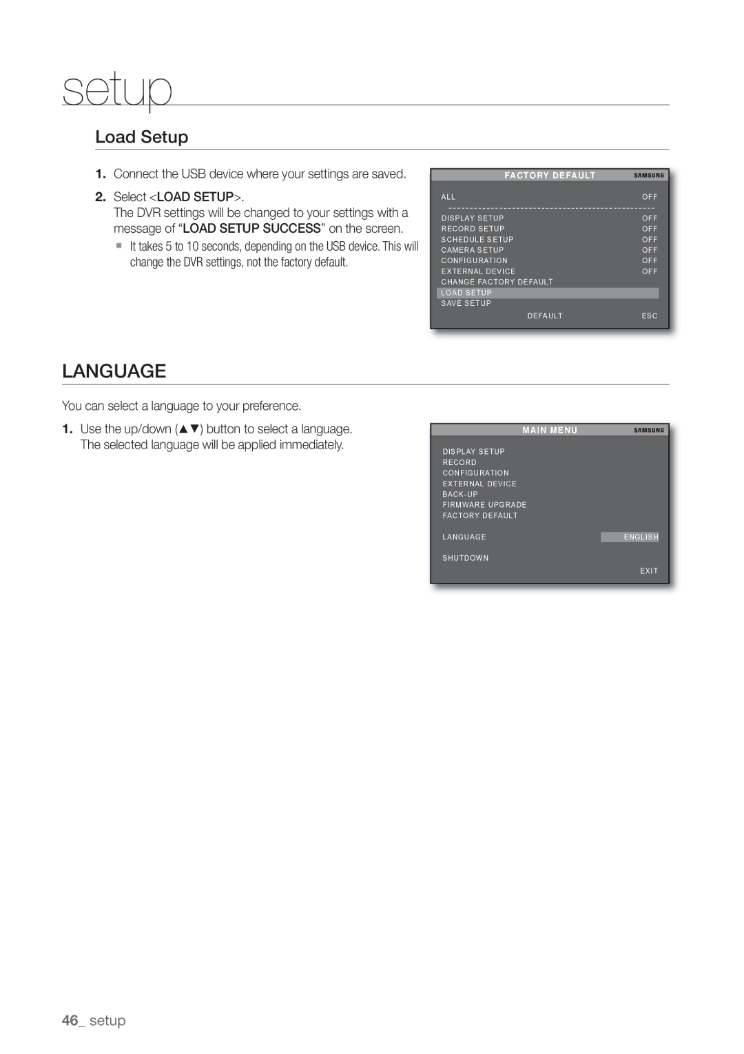 Samsung SHR-3040P manual Language, Select Load Setup, You can select a language to your preference 