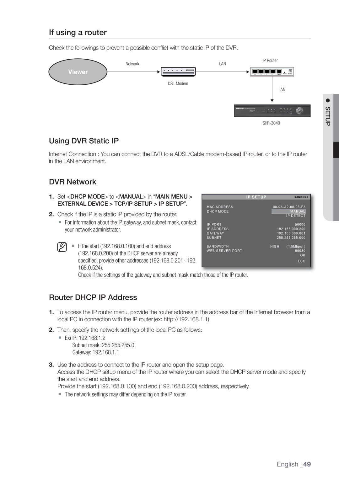 Samsung SHR-3040P manual If using a router, Using DVR Static IP, DVR Network, Router Dhcp IP Address 