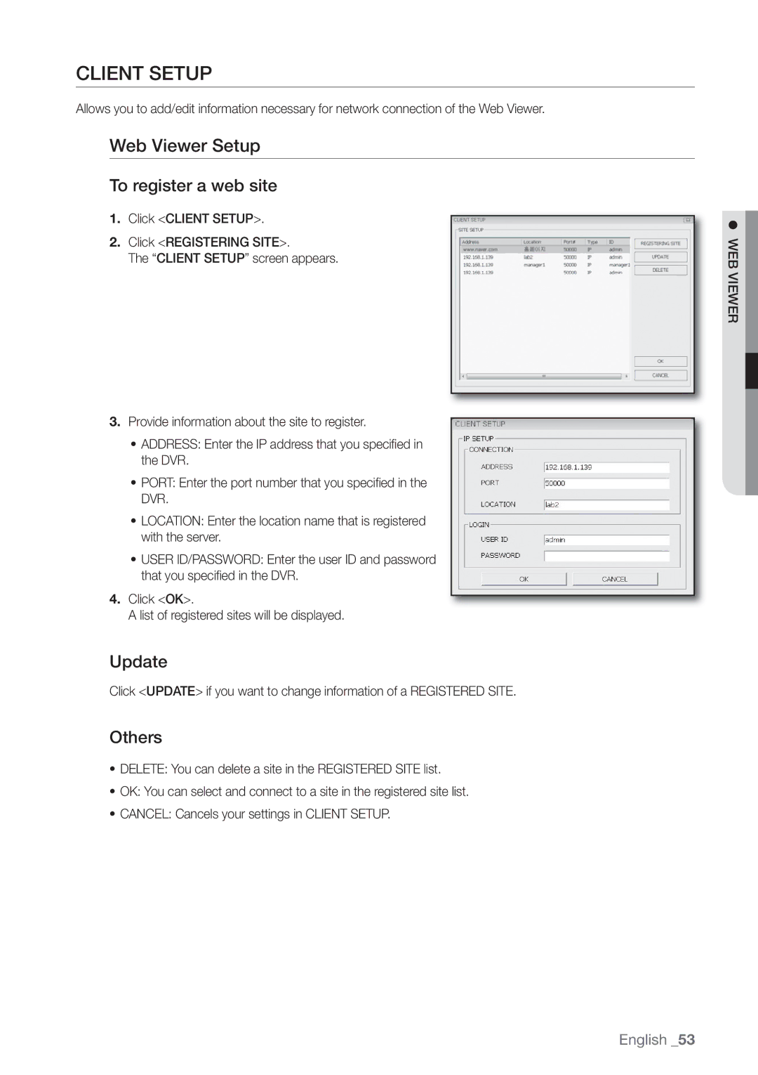 Samsung SHR-3040P manual Client Setup, Web Viewer Setup, To register a web site, Update, Others 