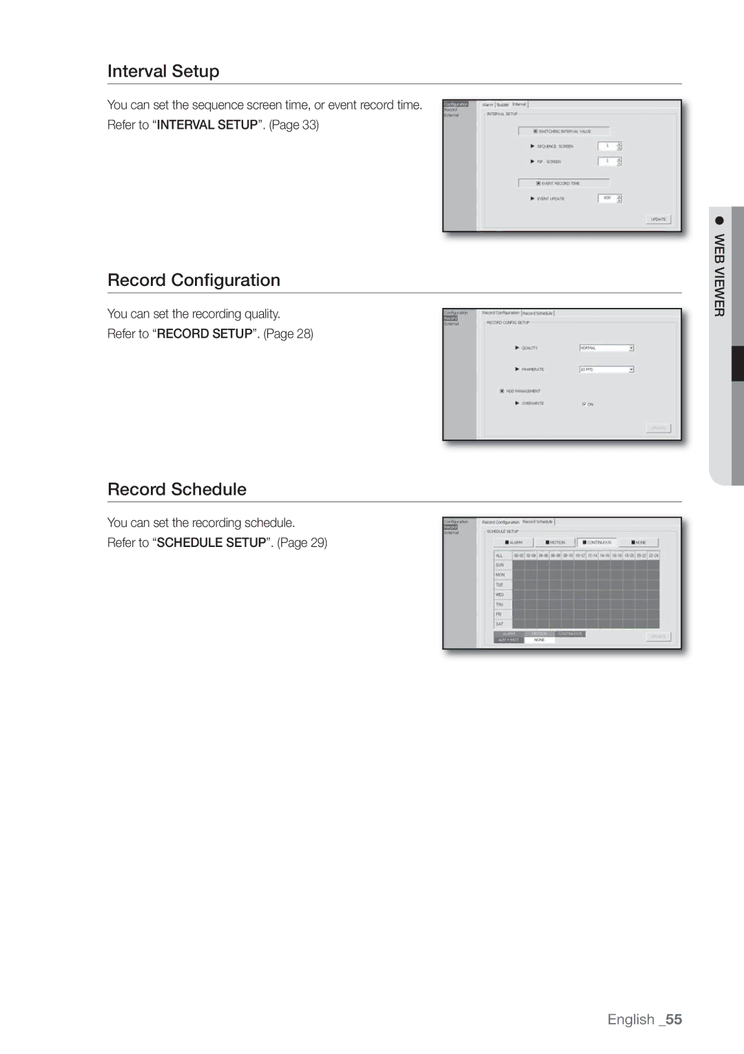 Samsung SHR-3040P manual Record Conﬁguration, Record Schedule, You can set the recording quality Refer to Record SETUP 