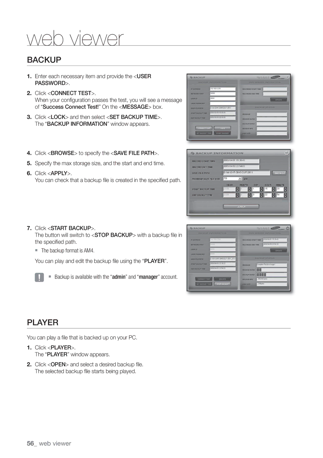 Samsung SHR-3040P manual Backup, Player 