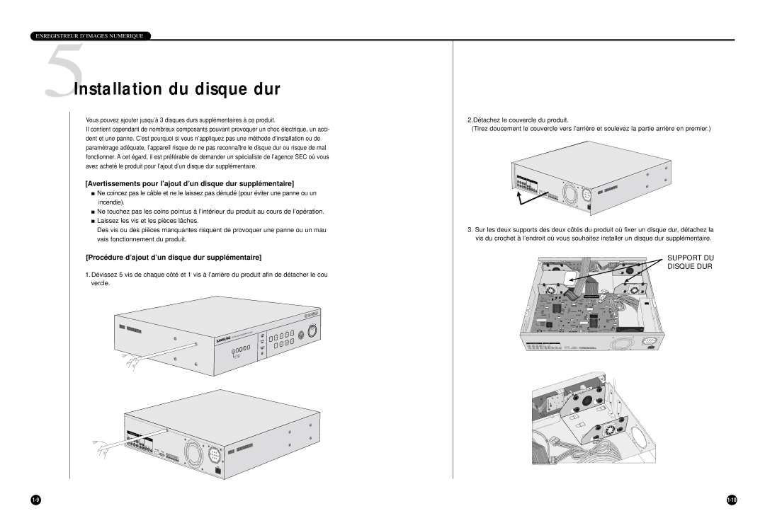 Samsung SHR-4040P manual 5Installation du disque dur, Avertissements pour l’ajout d’un disque dur supplé mentaire 