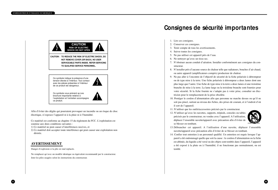 Samsung SHR-4040P manual Consignes de sécurité importantes, Risk of Electric Shock do not Open 