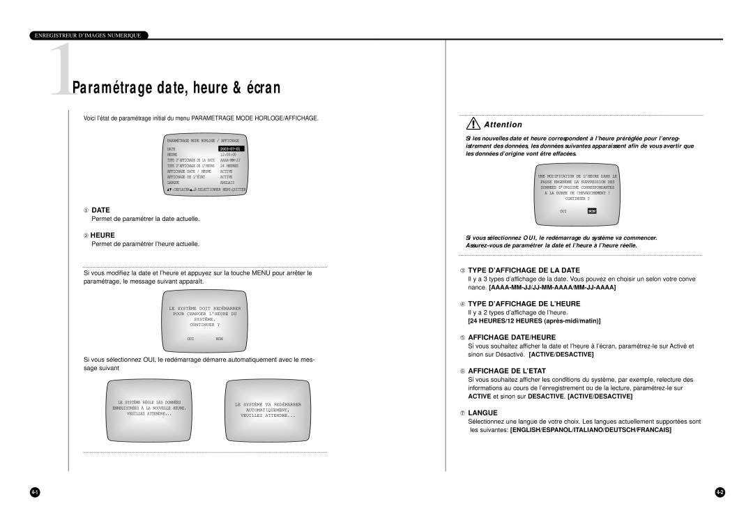 Samsung SHR-4040P manual 1Paramétrage date, heure & écran 