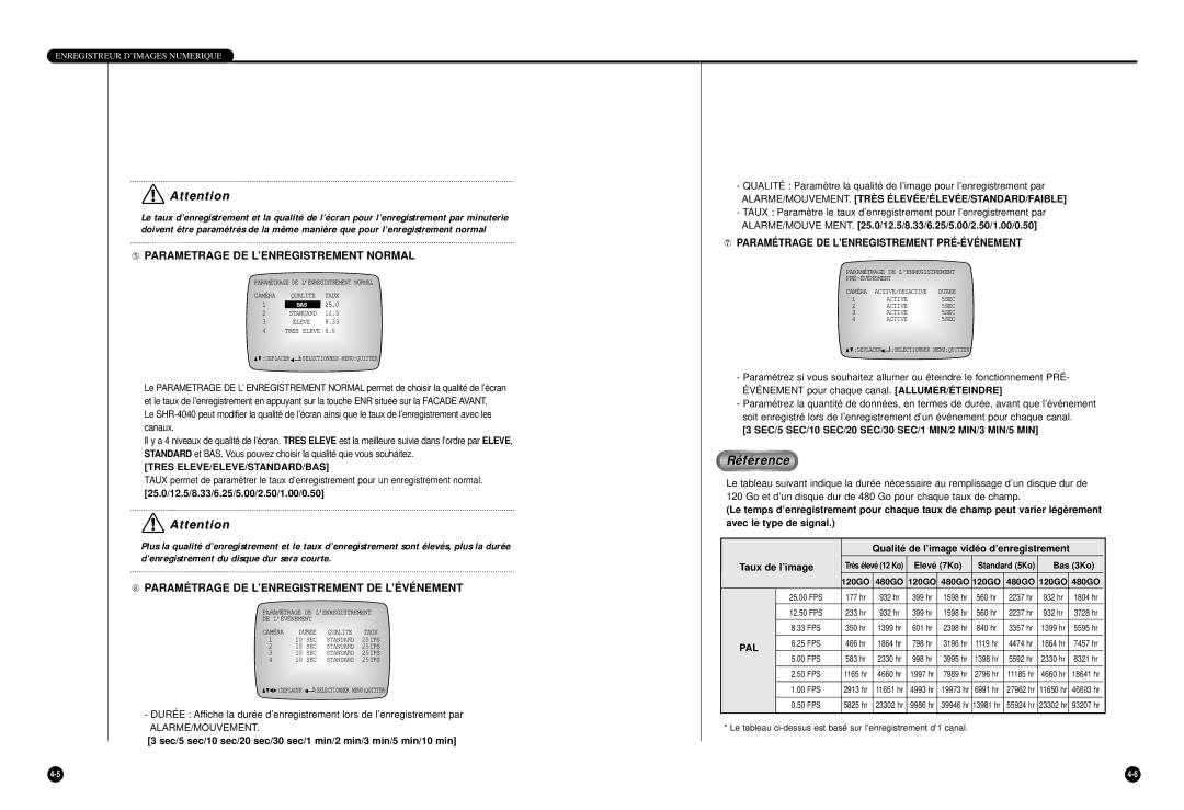 Samsung SHR-4040P manual ➄ Parametrage DE L’ENREGISTREMENT Normal, ➅ Paramé Trage DE L’ENREGISTREMENT DE L’É VÉ Nement 