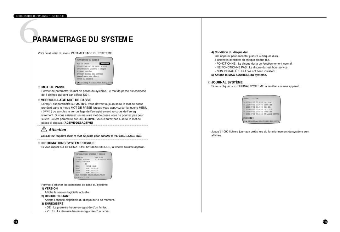 Samsung SHR-4040P manual ① MOT DE Passe, ➁ Verrouillage MOT DE Passe, ➂ Informations SYSTEME/DISQUE, ➃ Journal Systè ME 