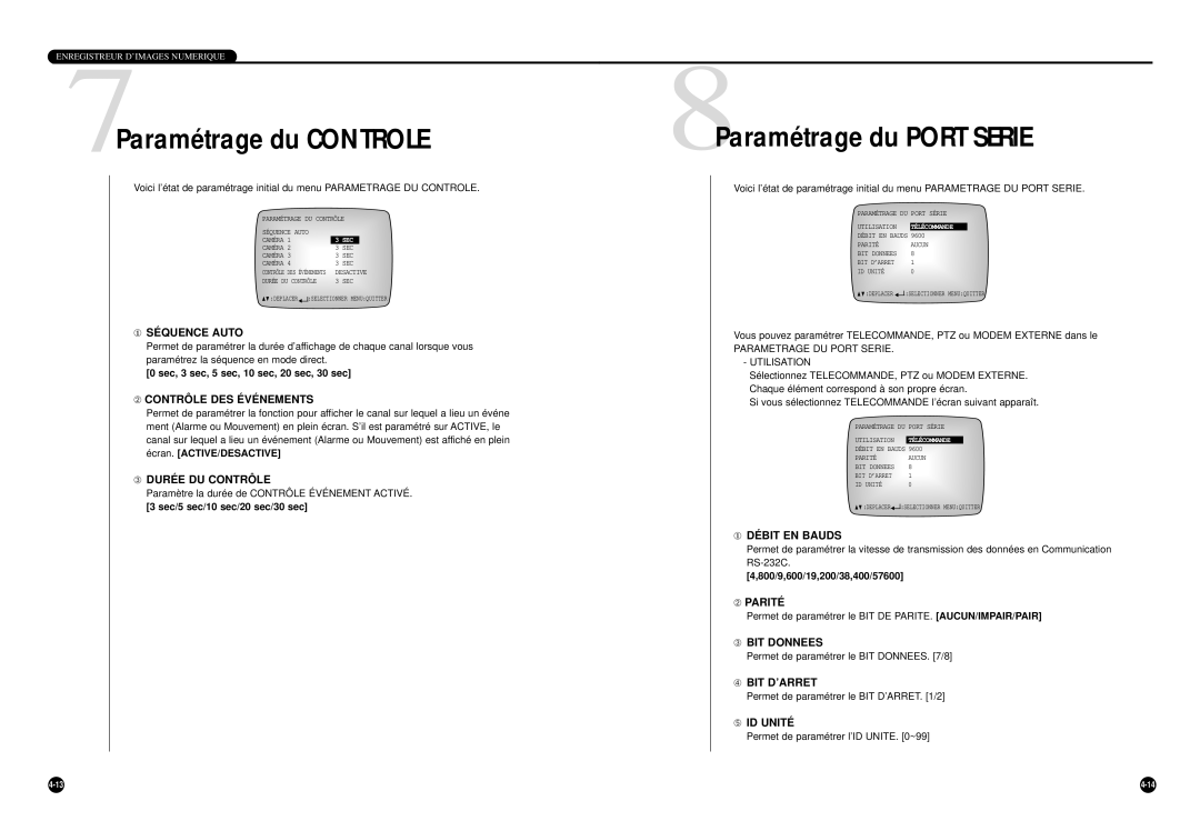 Samsung SHR-4040P manual 7Paramétrage du Controle, 8Paramétrage du Port Serie 