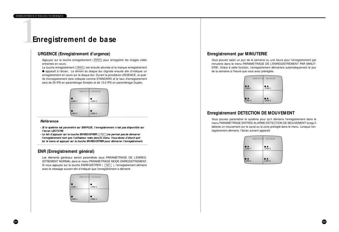 Samsung SHR-4040P manual 1Enregistrement de base, Urgence Enregistrement d’urgence, ENR Enregistrement général 