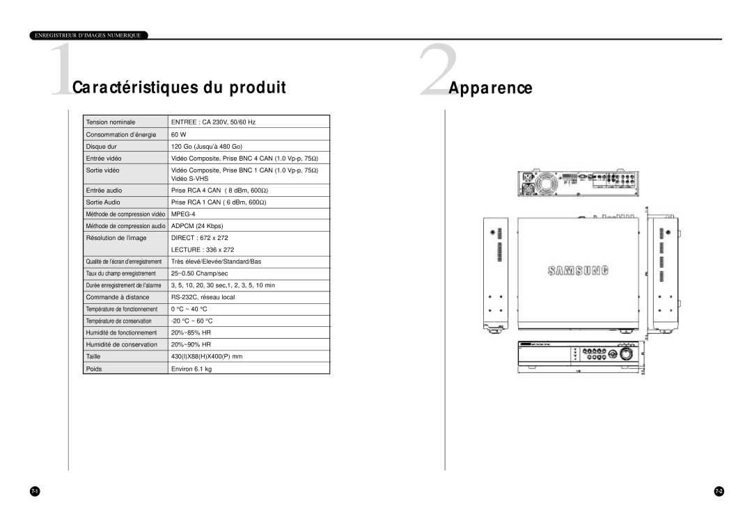 Samsung SHR-4040P manual Caractéristiques du produit Apparence, Très élevé/Elevée/Standard/Bas, 25~0.50 Champ/sec, ~ 40 C 