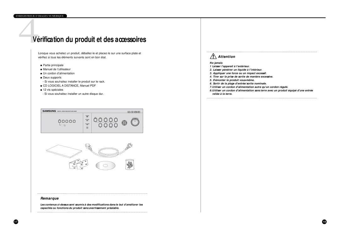 Samsung SHR-4040P manual 4Vérification du produit et des accessoires, Remarque 