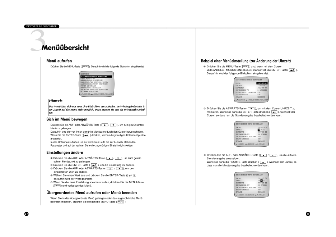 Samsung SHR-4040P manual 3Menüübersicht, Menü aufrufen, Sich im Menü bewegen, Einstellungen ändern 