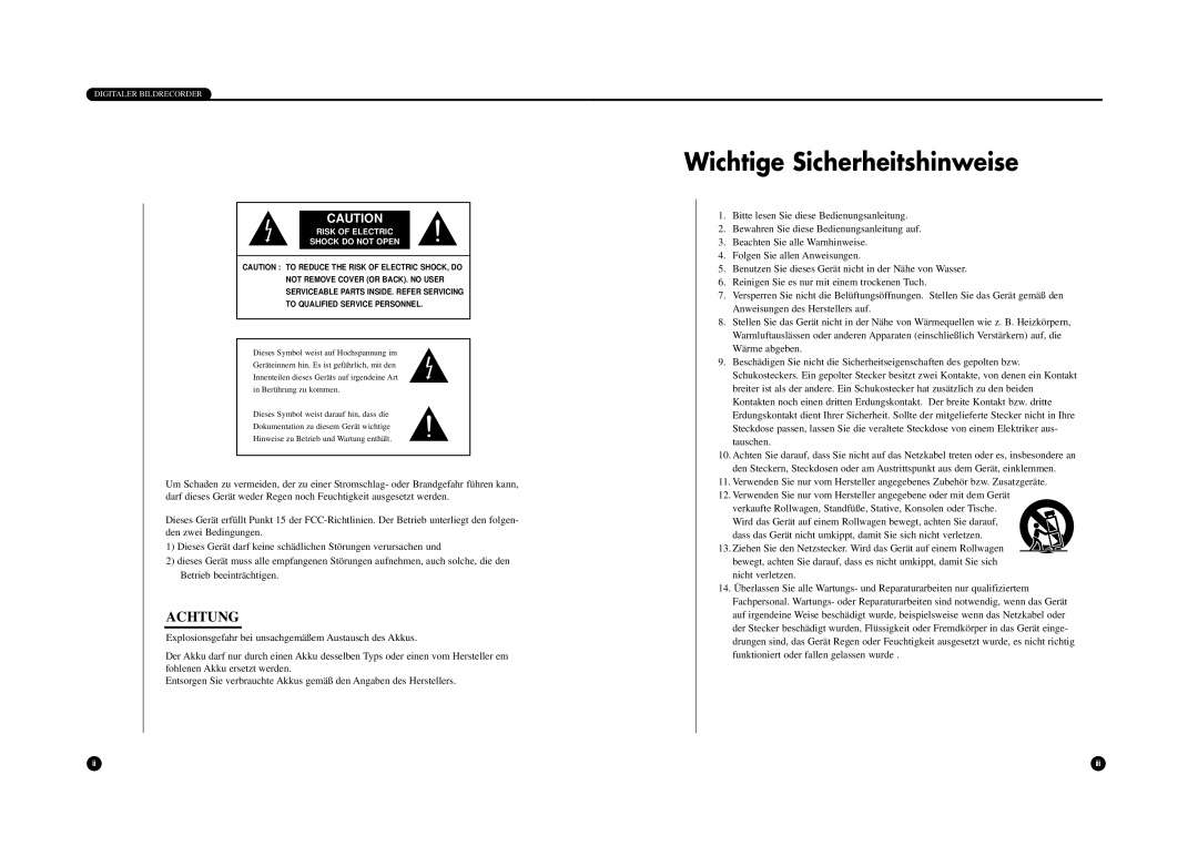 Samsung SHR-4040P manual Wichtige Sicherheitshinweise, Risk of Electric Shock do not Open 