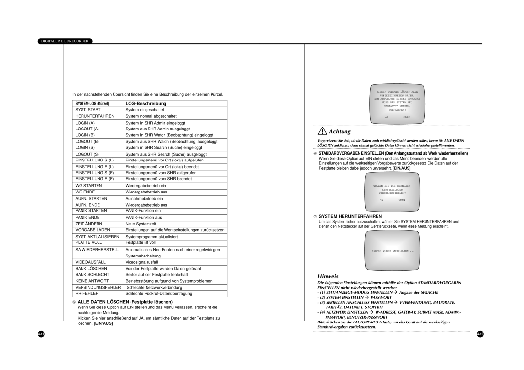 Samsung SHR-4040P manual LOG-Beschreibung, ➄ Alle Daten LÖ Schen Festplatte lö schen, ⑦ System Herunterfahren 