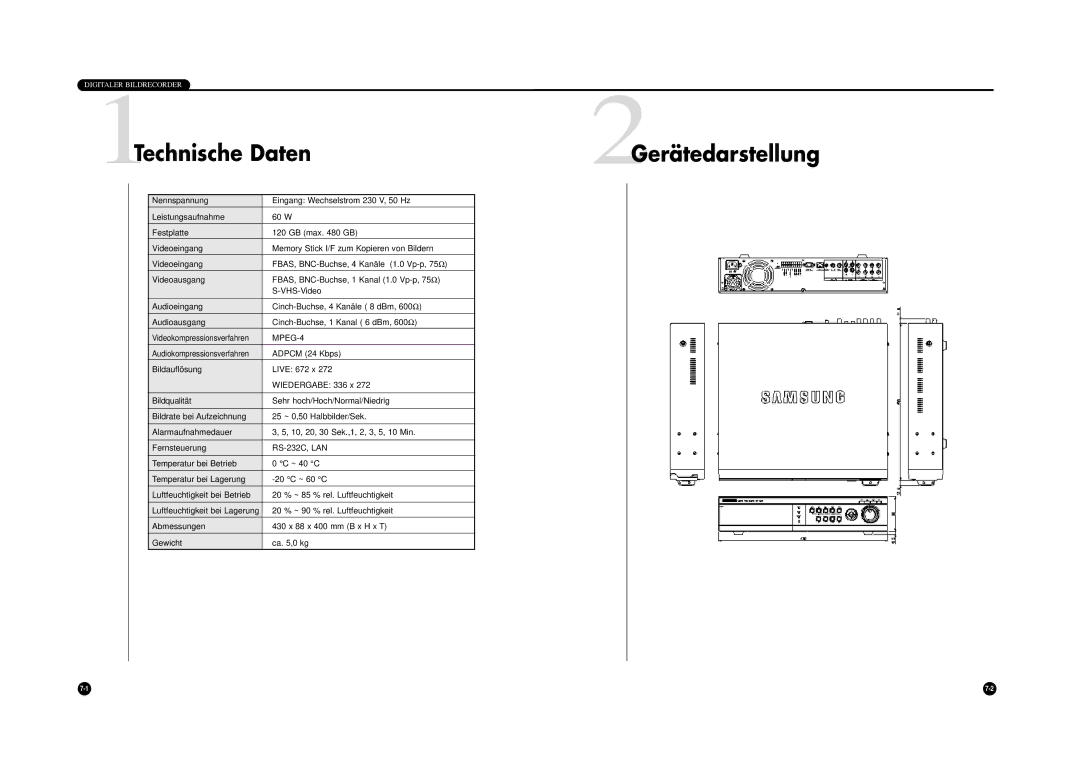 Samsung SHR-4040P manual Technische Daten Gerätedarstellung, MPEG-4 