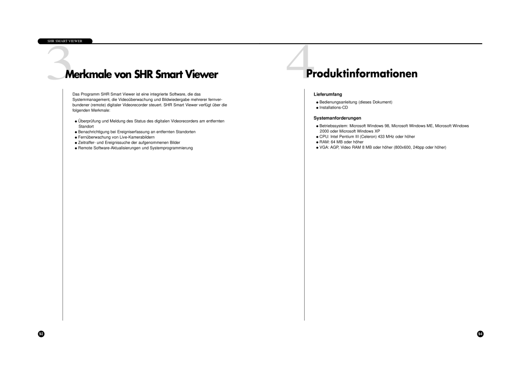 Samsung SHR-4040P manual 3Merkmale von SHR Smart Viewer, 4Produktinformationen, Lieferumfang, Systemanforderungen 