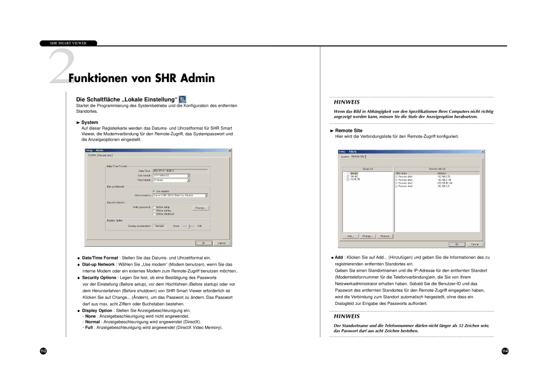 Samsung SHR-4040P manual 2Funktionen von SHR Admin, Die Schaltfläche „Lokale Einstellung, ❿System, ❿Remote Site 