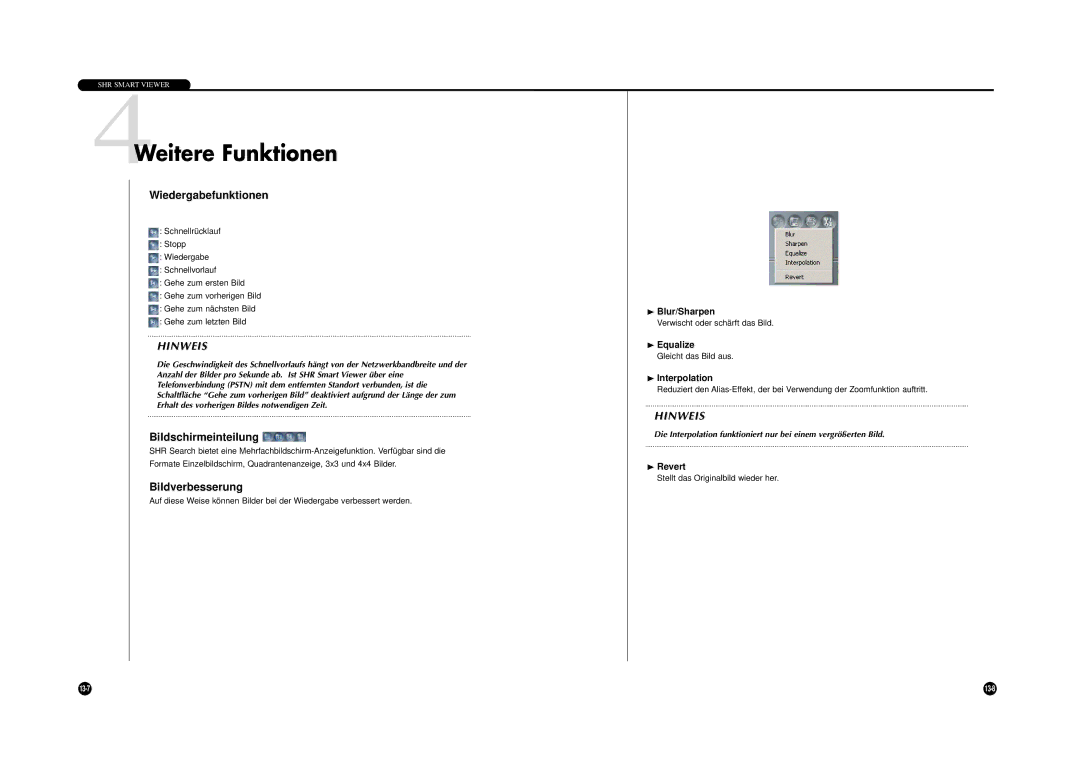 Samsung SHR-4040P manual 4Weitere Funktionen, Wiedergabefunktionen, Bildschirmeinteilung, Bildverbesserung 