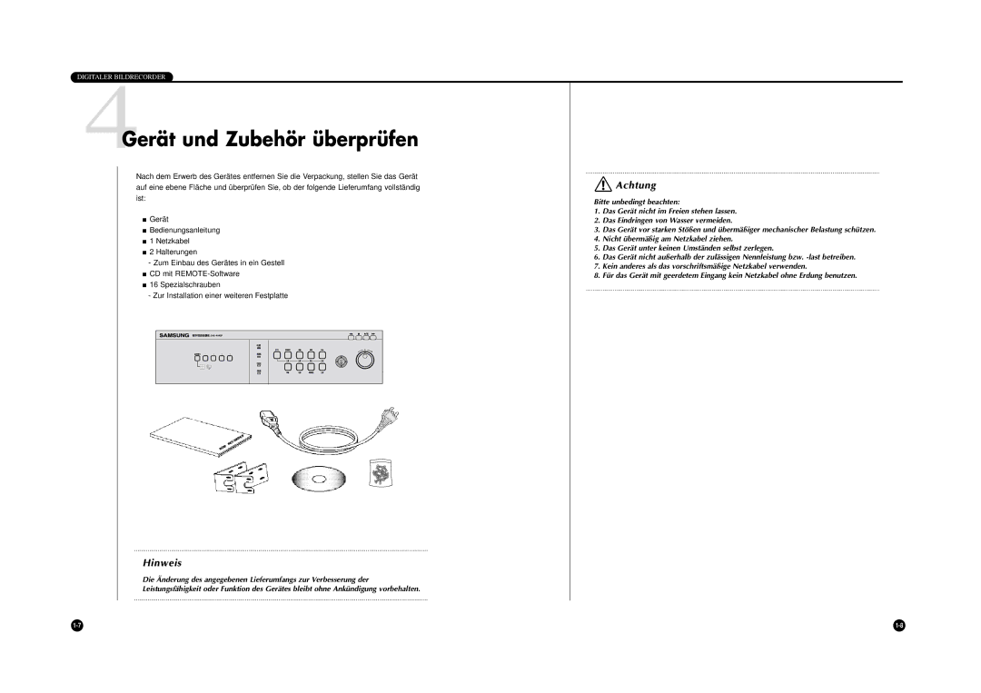 Samsung SHR-4040P manual 4Gerät und Zubehör überprüfen, Hinweis 