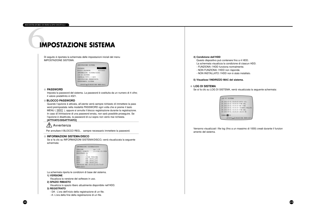 Samsung SHR-4040P ① Password, ➁ Blocco Password, ➂ Informazioni SISTEMA/DISCO, ➃ LOG DI Sistema, Impostazione Sistema 