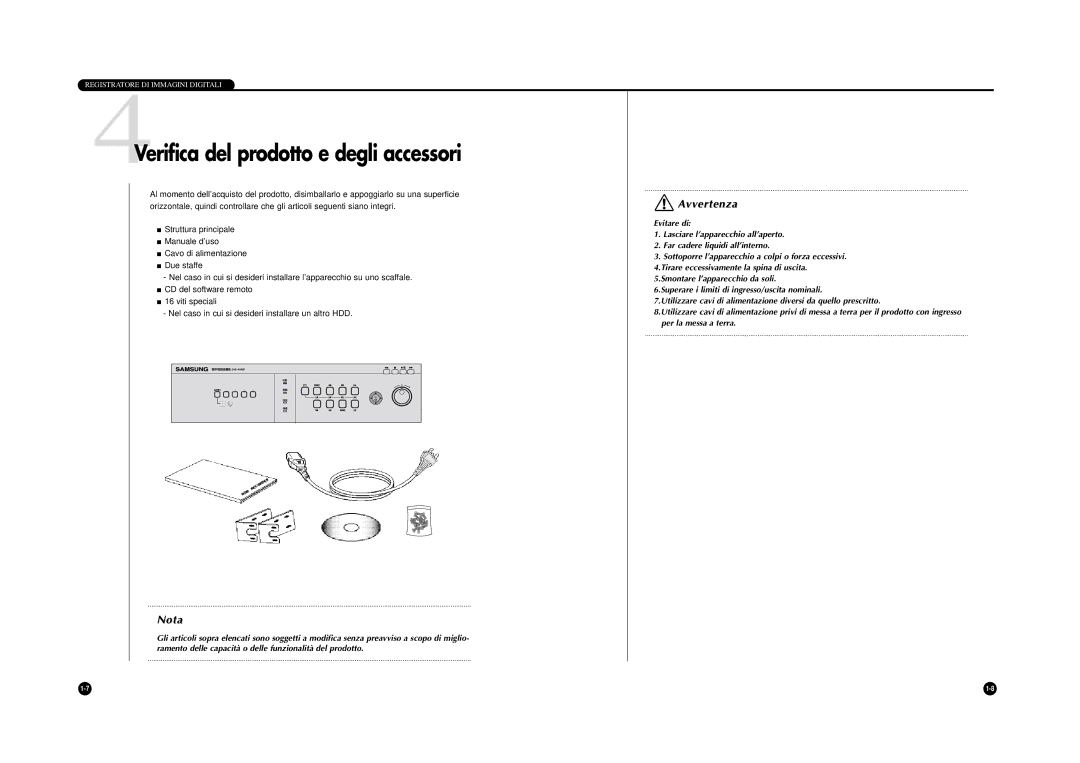 Samsung SHR-4040P manual 4Verifica del prodotto e degli accessori, Nota 