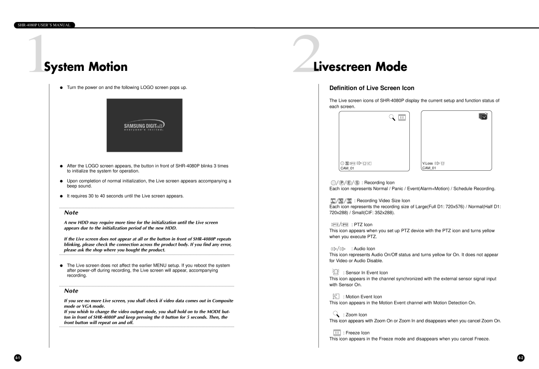 Samsung SHR-4080P manual 1System Motion, 2Livescreen Mode, Definition of Live Screen Icon 