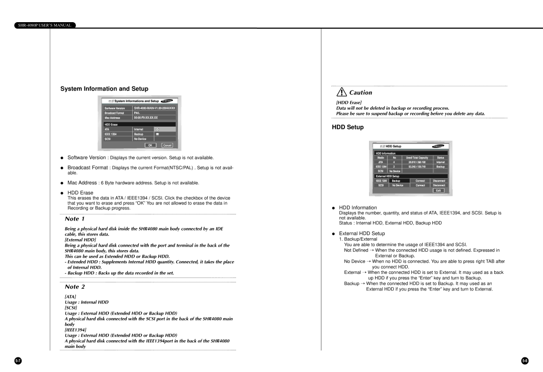 Samsung SHR-4080P manual System Information and Setup, HDD Erase, HDD Information, External HDD Setup 