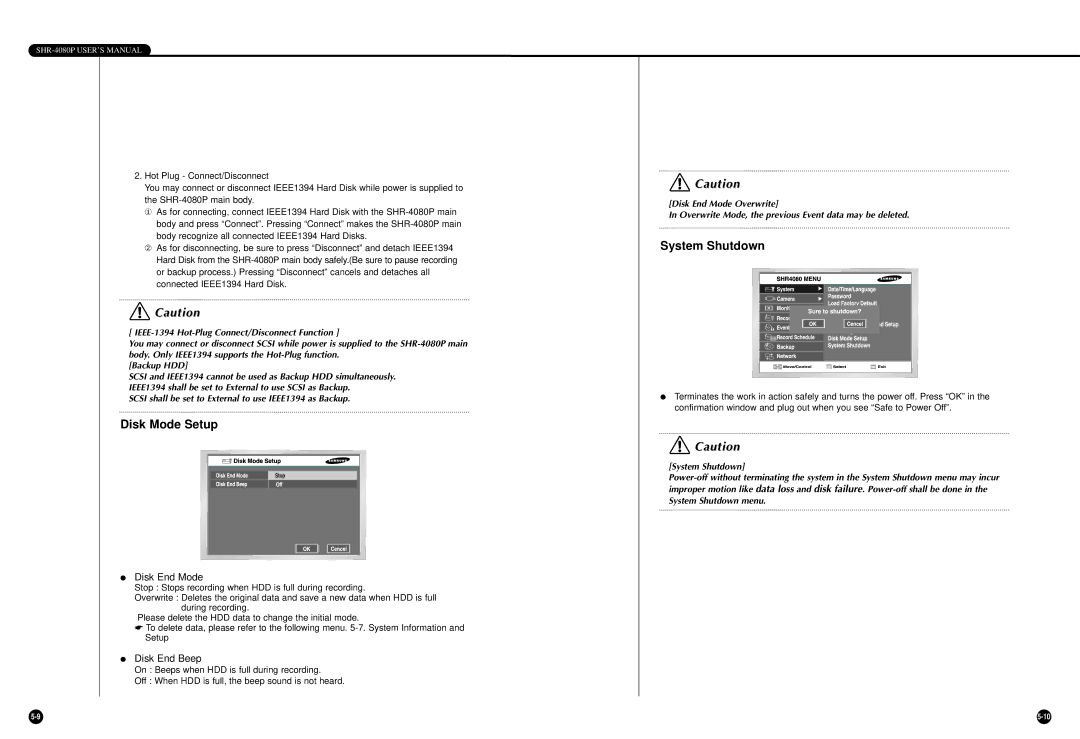 Samsung SHR-4080P manual Disk Mode Setup, System Shutdown, Disk End Mode, Disk End Beep 