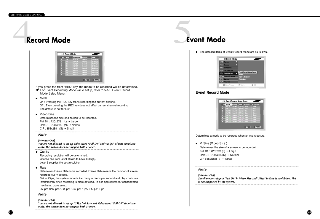 Samsung SHR-4080P manual 4Record Mode, 5Event Mode, Evnet Record Mode 