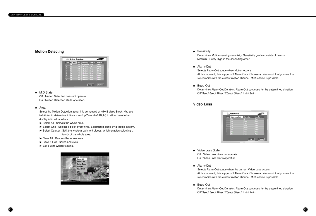 Samsung SHR-4080P manual Motion Detecting, Video Loss 