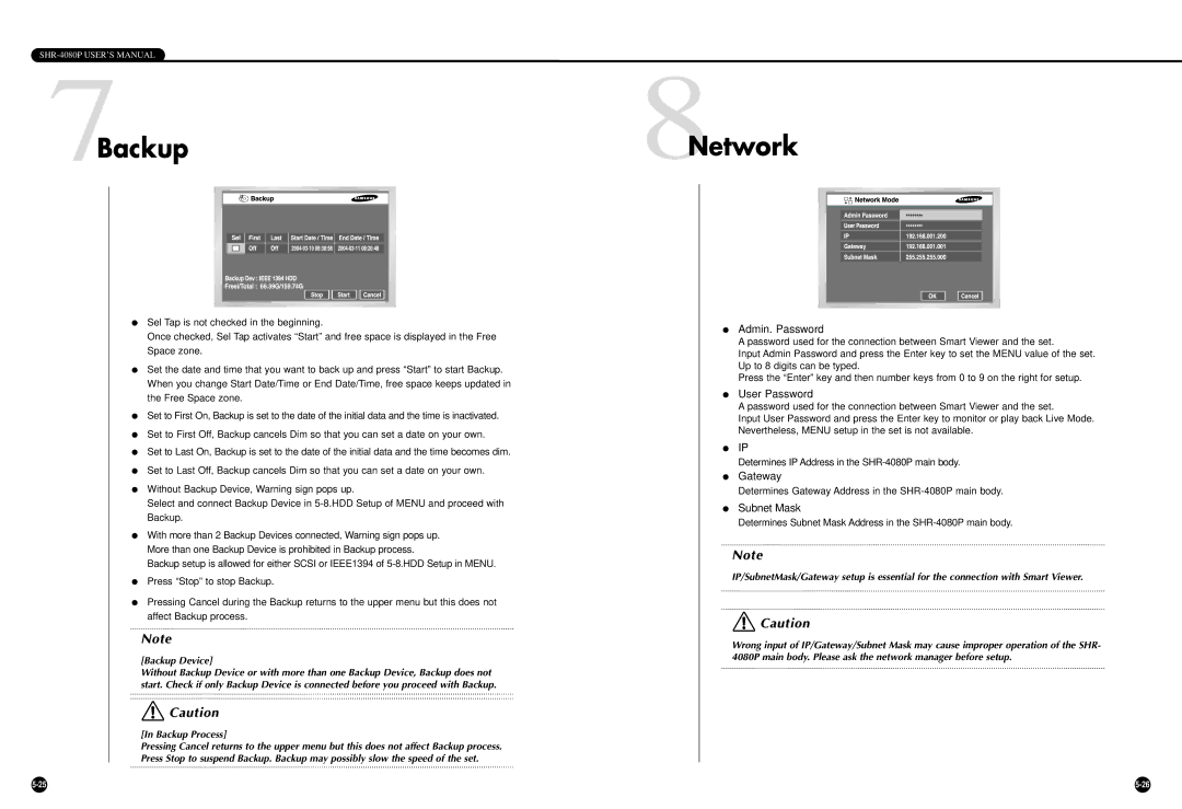 Samsung SHR-4080P manual 7Backup, 8Network 