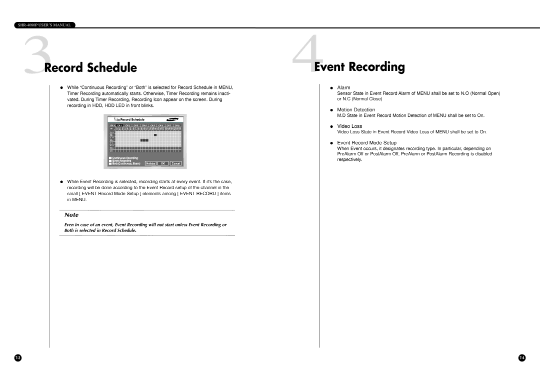 Samsung SHR-4080P manual 3Record Schedule, 4Event Recording 