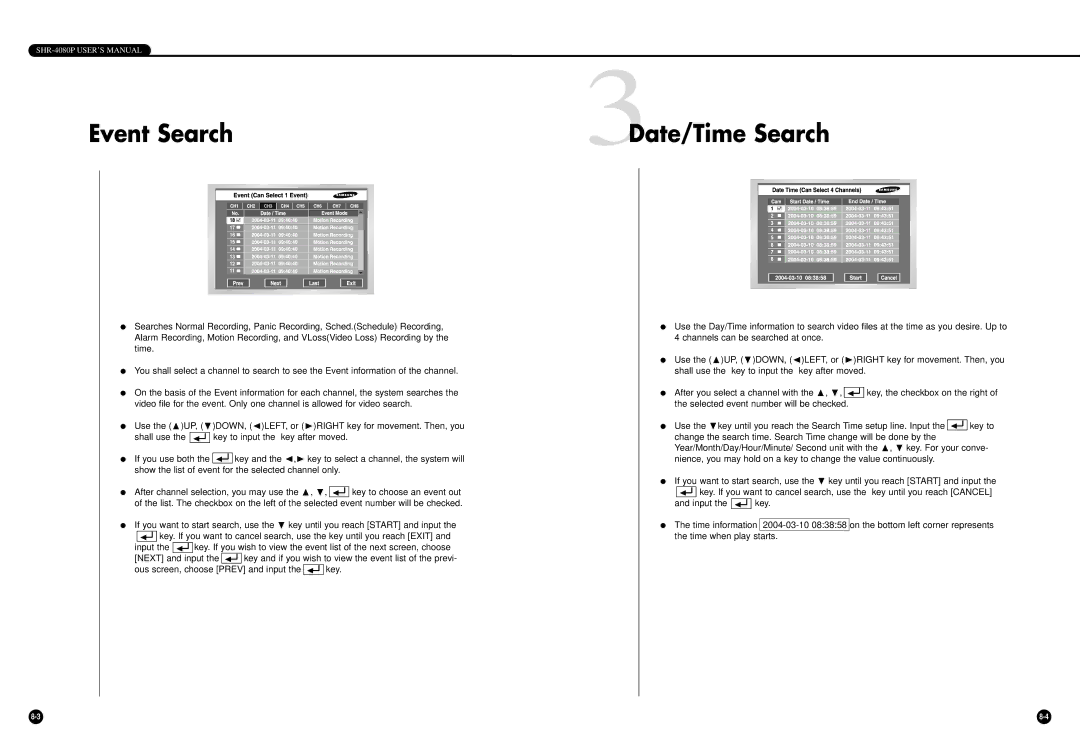 Samsung SHR-4080P manual Event Search Date/Time Search 