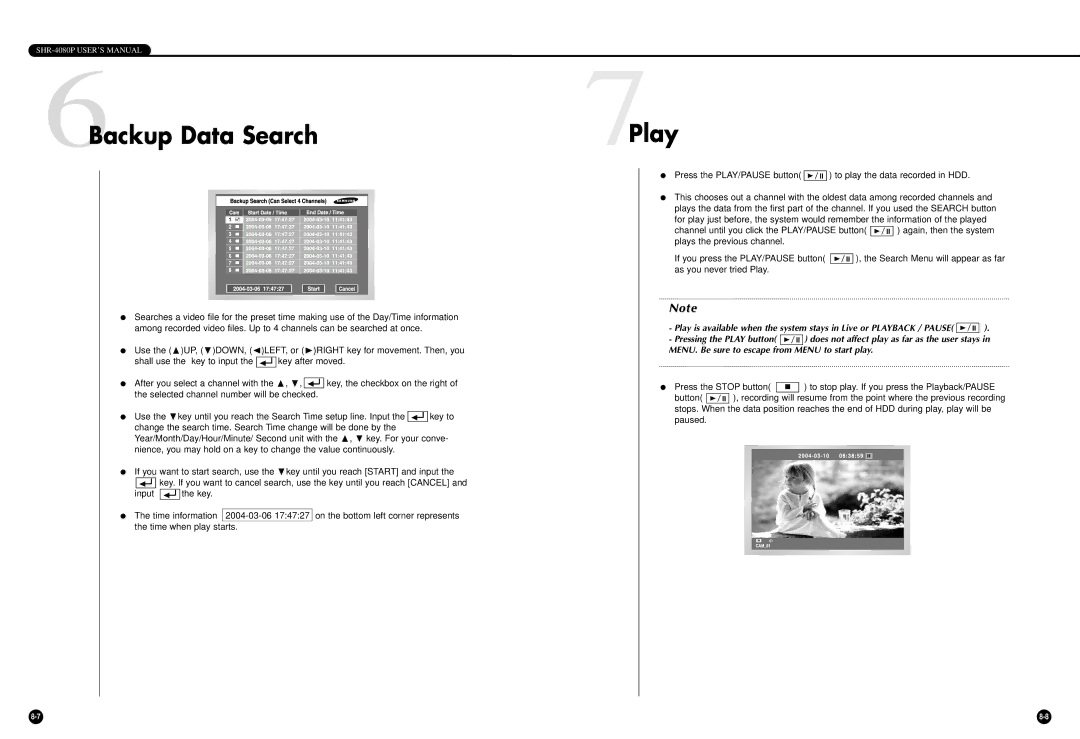 Samsung SHR-4080P manual 6Backup Data Search, 7Play 