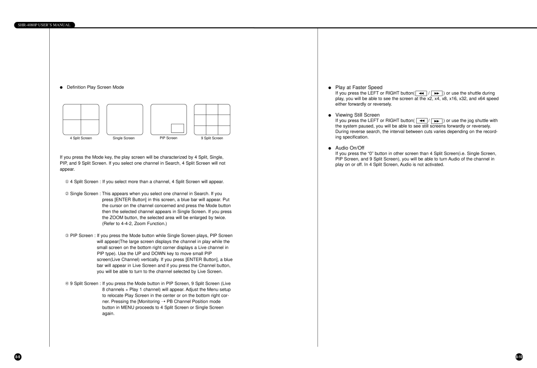 Samsung SHR-4080P manual Play at Faster Speed, Viewing Still Screen, Audio On/Off 