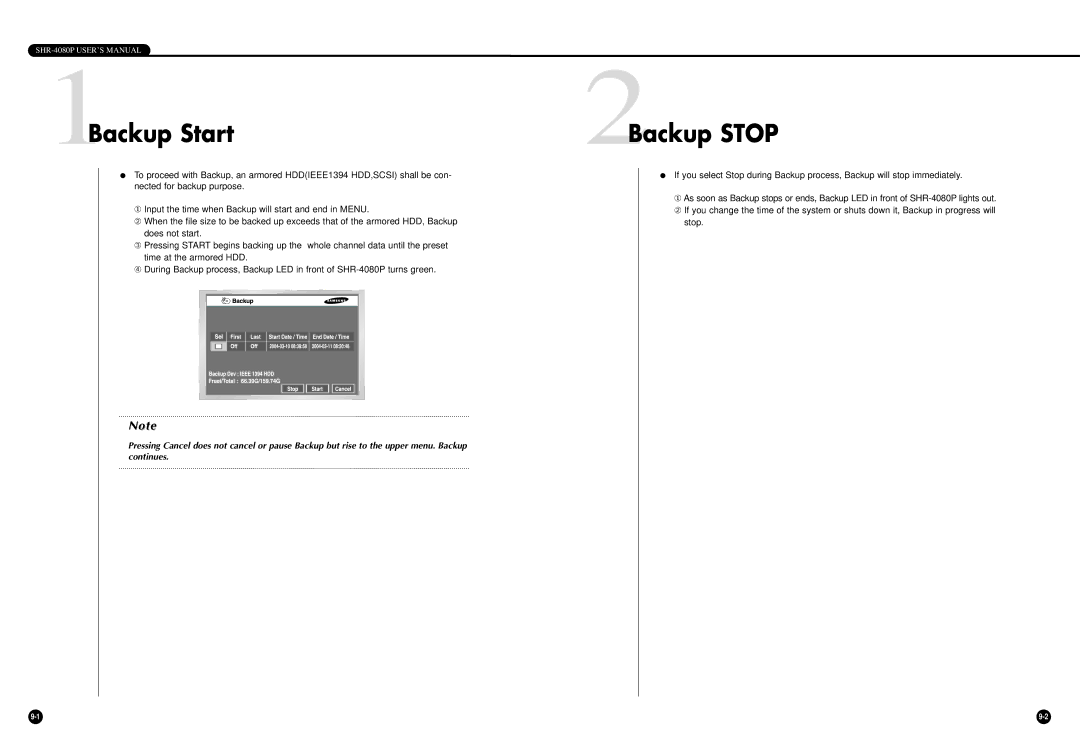 Samsung SHR-4080P manual 1Backup Start, 2Backup Stop 