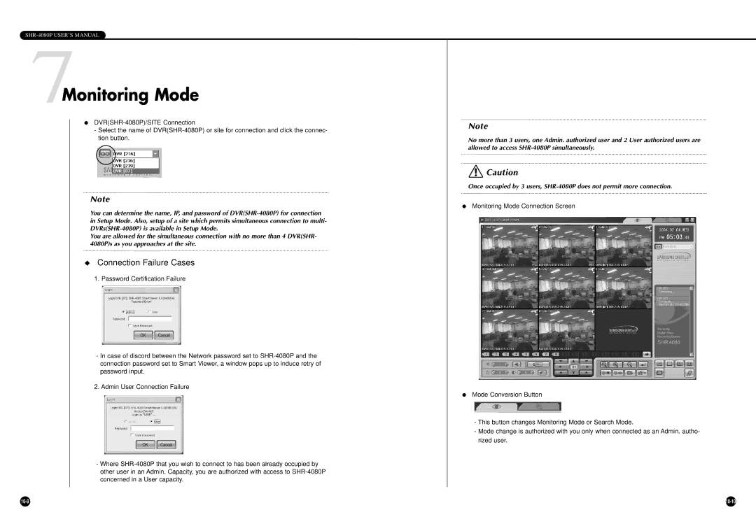 Samsung SHR-4080P manual 7Monitoring Mode, Connection Failure Cases 