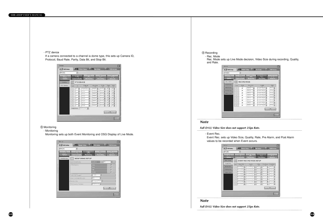 Samsung SHR-4080P manual Full D1L Video Size does not support 25ips Rate 