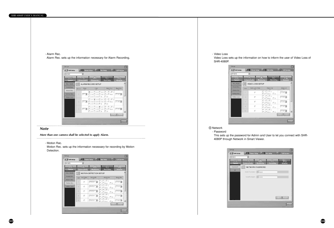 Samsung SHR-4080P manual More than one camera shall be selected to apply Alarm 